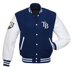 Tampa Bay Rays Royal Blue Body White Läderärmar Jacka Team Varsity Specialtillverkade Jackor
