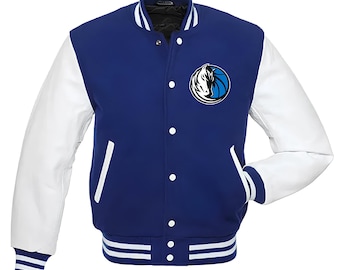 Chaqueta de los Dallas Mavericks con mangas de cuero blanco y cuerpo azul rey, chaquetas personalizadas del equipo universitario, chaqueta de béisbol, chaquetas Letterman