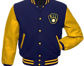 Chaqueta azul marino con mangas de cuero amarillas de los Milwaukee Brewers, hecha a medida.