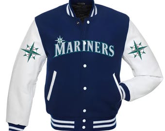 Chaqueta Seattle Mariners azul marino con mangas de cuero blanco. Chaquetas universitarias personalizadas.