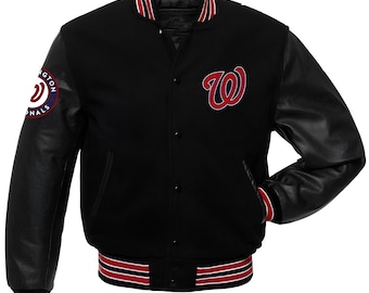 Chaqueta Washington Nationals negra con mangas de cuero negro, estilo universitario, hecha a medida.