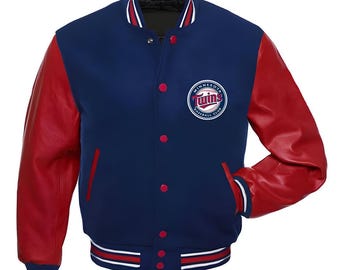 Chaqueta azul marino con mangas de cuero rojo de los Minnesota Twins, hecha a medida.