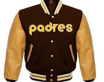 Chaqueta de los San Diego Padres, color marrón, con mangas de cuero dorado, estilo universitario, hecha a medida.