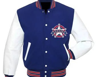 Chaqueta Texas Rangers azul marino con mangas de cuero blanco. Chaquetas universitarias personalizadas.