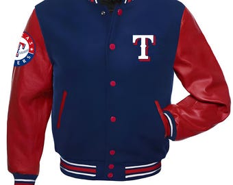 Chaqueta de los Texas Rangers, color azul marino, cuerpo rojo y mangas de cuero rojo. Chaquetas personalizadas para equipos universitarios.