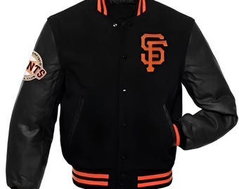 Chaqueta negra de los San Francisco Giants con mangas de cuero negro, estilo universitario, hecha a medida.