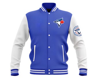 Chaqueta de los Toronto Blue Jays, color azul, cuerpo blanco y mangas de cuero. Chaquetas universitarias personalizadas.
