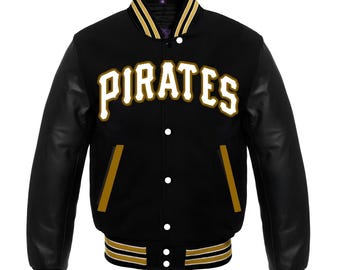 Chaqueta de los Pittsburgh Pirates negra con mangas de cuero negro, estilo universitario, hecha a medida.