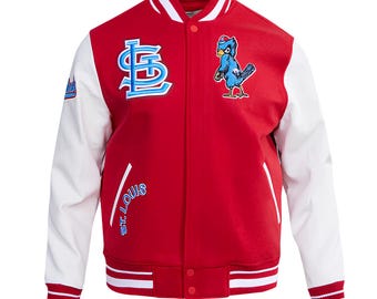 Chaqueta de los St. Louis Cardinals, color rojo, cuerpo blanco y mangas de cuero. Chaquetas universitarias personalizadas.