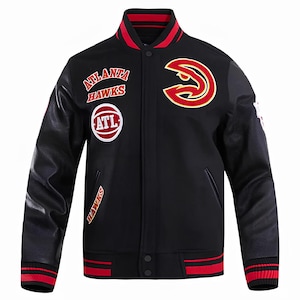 Atlanta Hawks svart kropp svart läderärmjacka Team Varsity specialtillverkade jackor basebolljacka Letterman-jacka Team Varsity-jackor