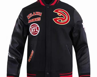 Chaqueta negra de los Atlanta Hawks con mangas de cuero negro, chaquetas personalizadas del equipo universitario, chaqueta de béisbol, chaqueta Letterman, chaquetas del equipo universitario.