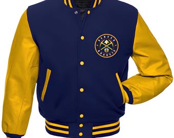 Chaqueta azul marino de los Denver Nuggets con mangas de cuero amarillas y cuerpo, chaquetas personalizadas del equipo universitario, chaqueta de béisbol, chaquetas Letterman