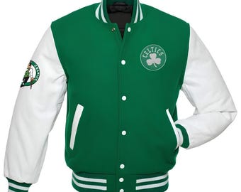Chaqueta de los Boston Celtics con mangas de cuero blanco y cuerpo verde, chaqueta de béisbol personalizada del equipo universitario, chaqueta Letterman, chaquetas del equipo universitario