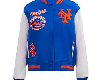 Chaqueta azul rey de los New York Mets con mangas de cuero blanco, chaquetas universitarias del equipo, hechas a medida