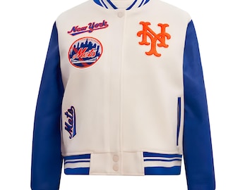 Chaqueta New York Mets color blanco roto con mangas de cuero azul marino. Chaquetas universitarias personalizadas.