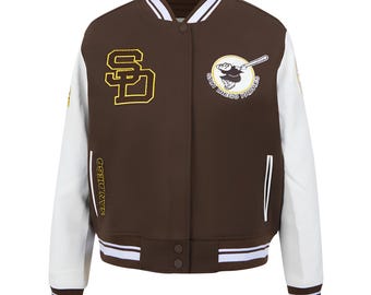 Chaqueta de los San Diego Padres, color marrón, con mangas de cuero blanco, estilo universitario, hecha a medida.