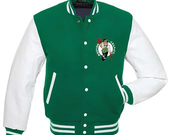 Chaqueta de los Boston Celtics con mangas de cuero blanco y cuerpo verde, chaqueta de béisbol personalizada del equipo universitario, chaqueta Letterman, chaquetas del equipo universitario