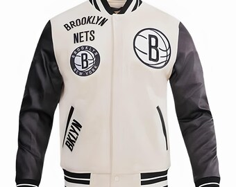 Chaqueta de los Brooklyn Nets con mangas de cuero negro y cuerpo blanco roto, chaquetas personalizadas del equipo universitario, chaqueta de béisbol Letterman, chaquetas del equipo universitario