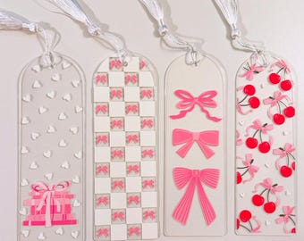 Cute Acrylic Bookmark | Bookmark with Bows | Cherry Bookmark | Gift for Readers | Checkered | Coquette | Hearts | Book Accessory