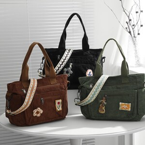 Bolso tote de pana vintage para mujer, bolso de hombro con múltiples bolsillos y gran capacidad, bolso cruzado informal para la escuela, el trabajo y los desplazamientos diarios.