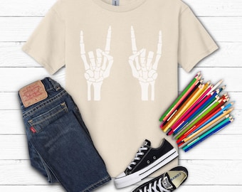 Rock on Skeleton Hands Kids Tee, Skeleton Graphic Kids Tshirt for Halloween Music Lovers Funny, Halloween Children's Shirt, Skeleton Hands