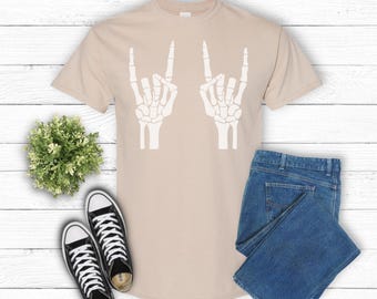 Rock On Skeleton Hands T-Shirt, Halloween Musik Liebhaber Geschenk