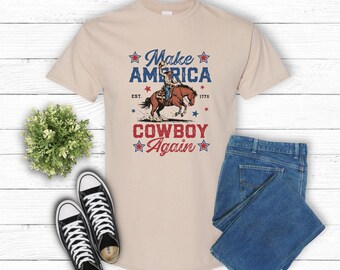 Make America Cowboy Again Tee, Western Vintage T-Shirt, Americana, Perfect for 4th of July, Unisex, Patriotic Apparel, Independence Day