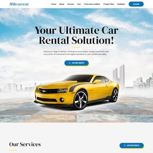 Op de afbeelding: Website-homepage voor JBRcarrent, een autoverhuurbedrijf in Dubai. De website toont een gele Chevrolet Camaro, een reeks autoverhuurdiensten en een boekingsformulier.