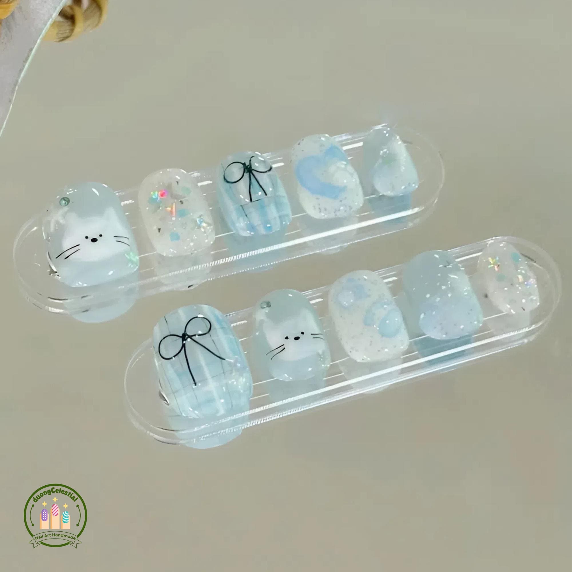 Handmade Blue Cat Press On Nails | Cute Glitter Gel Design with Ribbons & Hearts | Short Round Nails for Animal Lovers or Gifts