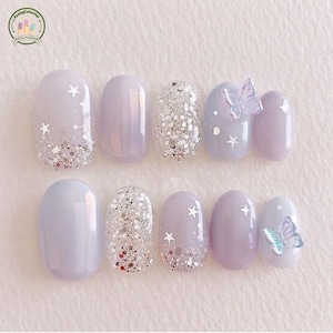 Handmade Glitter Star Press On Nails | Lavender Pastel Nails with 3D Butterfly & Silver Sparkles | Short Oval Nails for Cute Style