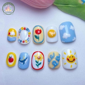 Handmade Summer Fun Press On Nails | Cute Clouds, Flowers, Fried Egg & Smiley Sun Art | Nails For Playful Picnic Vibe