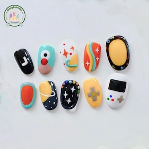 Retro Game Press On Nails | Pixel Art, Planets, Arcade Console, Bright Pop Colors & Stars | Handmade Y2K Cartoon Set
