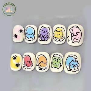 Pastel Cat Lover Press On Nails, Cute Multicolor Cats And Paw Prints Art, White Nails For Playful Kitty Vibe