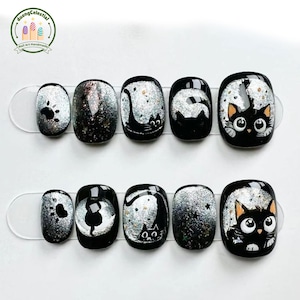 Handmade Cute Cat Press On Nails | Glittery Black & Silver With Cartoon Cats And Paw Art | Short Nails For Kawaii Vibe