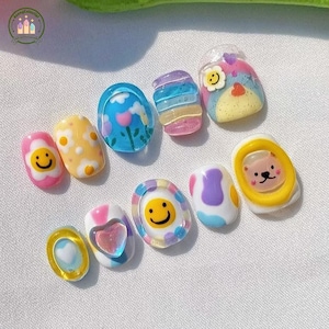 Handmade Cute Smiley Face Press On Nails | 3D Bear & Flower Cartoon Design | Colorful Round Nails for Fun Looks Gifts
