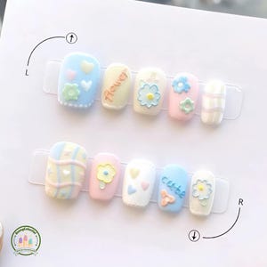 Handmade Pastel Cute Press On Nails | 3D Flower and Heart Design | Soft Blue Pink White Nails for Teens or Gift Lovers