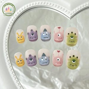 Cute Monster Cartoon Press On Nails | Colorful Matte Creatures With Funny Faces | Short Square Nails For Whimsical Looks | Handmade Set