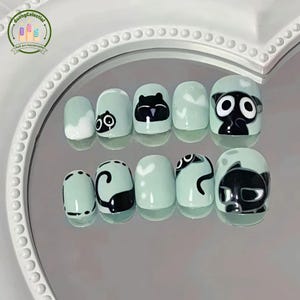 Funny Cat Face Press On Nails | Black Cartoon Kitty, Mint Green & Cloudy Base, Quirky Character Art | Handmade Cute Animal Set