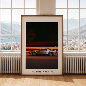 Poster DeLorean Retro-Futurismo, Arte murale dell'era spaziale, Stampa digitale Ritorno al futuro, Regalo per gli appassionati di auto, Decorazione di film classici, DMC-12