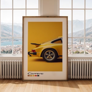Porsche 911 Carrera Digital Wall Art, Yellow Classic Sports Car Poster, Retro Automotive Print, Minimalist Garage Decor, Car Enthusiast Gift