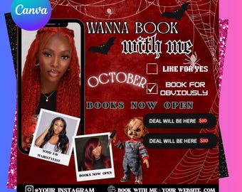 May include: A promotional graphic with a red background, featuring a woman with red hair in a phone screen. Text includes "Wanna Book With Me" and "October". Additional images and text promote booking services. A Chucky doll is also featured.