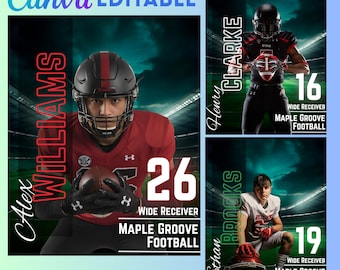 May include: A Canva editable graphic featuring three football players. The main image shows a player in a red uniform with the number 26. The text reads "Alex Williams, Wide Receiver, Maple Grove Football".