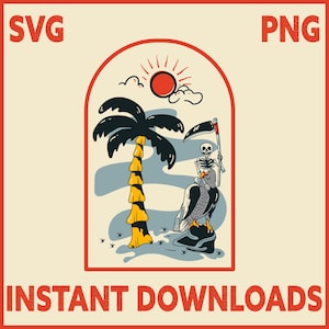 May include: A digital illustration of a skeleton riding a bird with a scythe in its hand. The skeleton is wearing a red bandana. The bird is perched on a rock. The background is a blue and white sky with a palm tree and a sun.