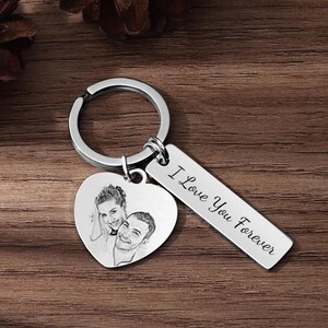 Personalized Stainless Steel Key Ring With Engraved Picture And Text | Heart Key Chain For Couple&#39;s Gift | Photo Key Chain With Custom Text