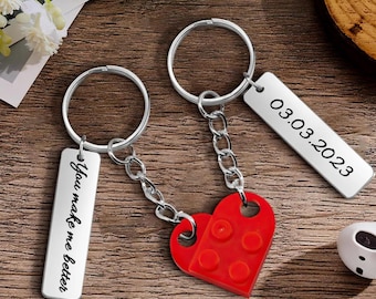 Lego Heart Matching Key Chains For Couples, Lego Key Chain With Custom Text, Personalized Engraved Key Chain, Customized Heart Key Ring