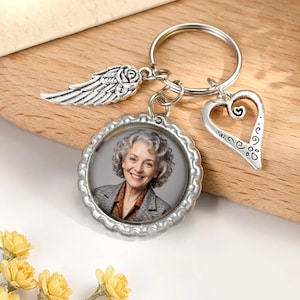 Heart And Wing Key Chain With Photo And Custom Text, Personalized Picture Key Ring, Customized Memorial Key Chain, Custom Photo Key Holder