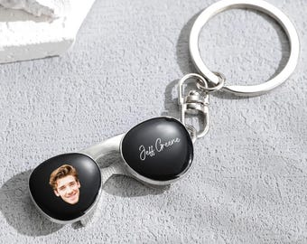 Sunglasses Key Chain With Custom Text, Personalized Key Ring With Picture, Customized Portrait Key Chain For Your Partner, Photo Key Holder