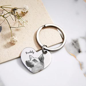 May include: A heart-shaped silver keychain with a dog portrait and the name "Buddy" in script. The dog is a German Shepherd, rendered in grayscale. The keychain has a large, round ring for keys.