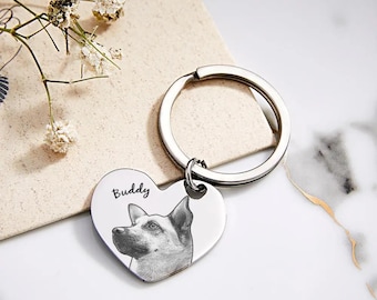 Porte-clés pour portrait d'animal de compagnie, porte-clés personnalisé à la mémoire d'un animal de compagnie, cadeau pour les amoureux des animaux de compagnie, porte-clés gravé du nom et de la photo de l'animal de compagnie,