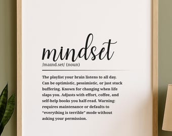 Impressão com a definição de mentalidade • Arte de parede sobre pensamento positivo • Decoração motivacional para escritório